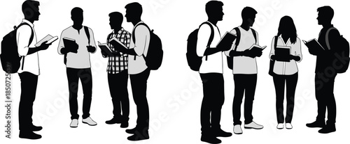 Student group silhouette illustration, college and university learners standing with books, education discussion scene, study group graphic bundle with backpacks