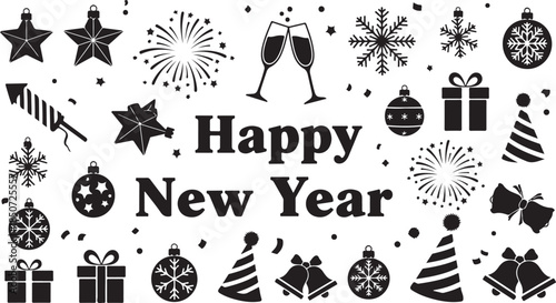 Happy New Year graphic elements with ornaments, fireworks, and party symbols Keywords: happy new year, graphic elements, ornaments, fireworks, party symbols, stars, snowflakes, champagne, glasses