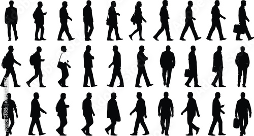 Walking people silhouette collection, diverse male and female figures, street pedestrians illustration set, everyday walking poses, urban lifestyle graphic bundle
