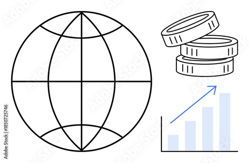 Business finance, global economy, investment trends, economic growth, trade concepts, market analysis. ion of a globe, coins and an upward graph. Economic growth and global trade concept