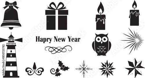 New Year Celebration Icons including Bell Lighthouse Candle Owl and Snowflakes Keywords: new year, happy new year, celebration, icon, bell, lighthouse, candle, flame, owl, snowflake, starburst