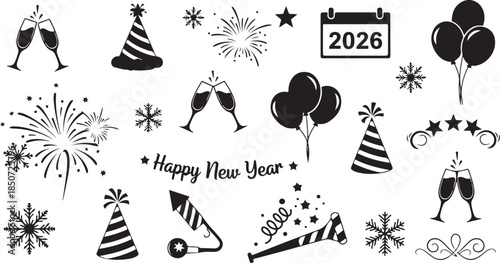 New Year Celebration Icons With Fireworks Champagne Glasses Party Hats And Balloons vector illustration