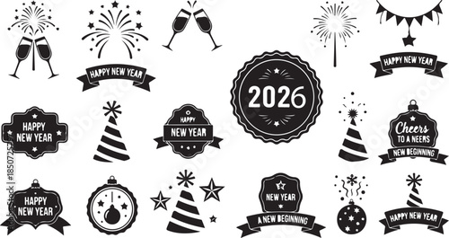 New Year Greetings and Festive Symbols Collection with Year 2026 Badges Keywords: new year, 2026, greeting, celebration, badge, banner, ribbon, fireworks, party hat, champagne glasses, stars