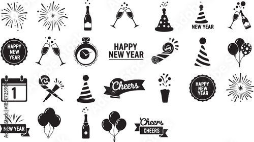 New Year's Eve party icons with champagne fireworks hats and balloons Keywords: New Year's Eve, party, icons, set, collection, fireworks, explosion, burst, champagne bottle, champagne glasses