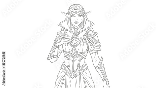Elegant elven warrior woman in detailed armor, fantasy illustration line art