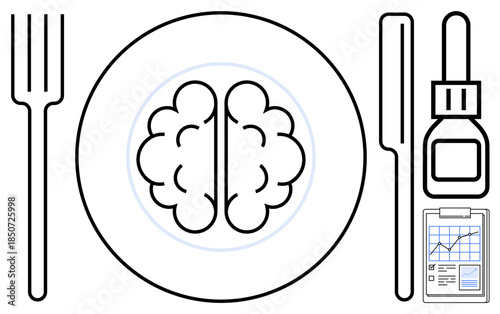 Diet, brain health, nutrition science, cognitive function, medical research, supplementation. Brain on a plate with cutlery, a medicine bottle and a chart. Diet and brain health concept