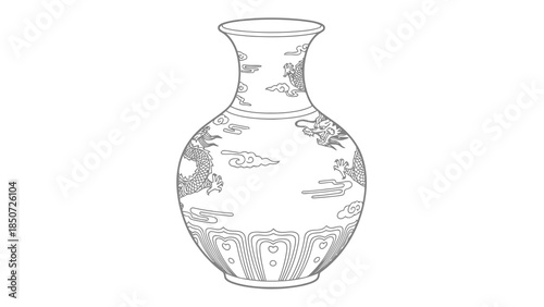 Chinese porcelain vase with dragon and cloud motifs, line art, isolated on white background.