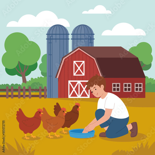 A young boy is tending to a group of chickens near a red barn, emphasizing a peaceful rural lifestyle and the bond between humans and animals in a farm setting.