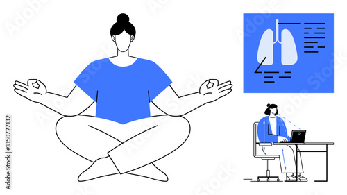 Wellness concept. Wellness is promoted through meditation, respiratory health awareness, and mindfulness in work settings. Wellness supports a balanced, healthy lifestyle. For healthcare, mindfulness