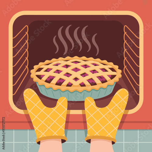 A freshly baked pie, perfectly prepared and steaming, is being taken out of a cozy oven, representing the warmth and joy of home-cooked meals and delightful baking moments.