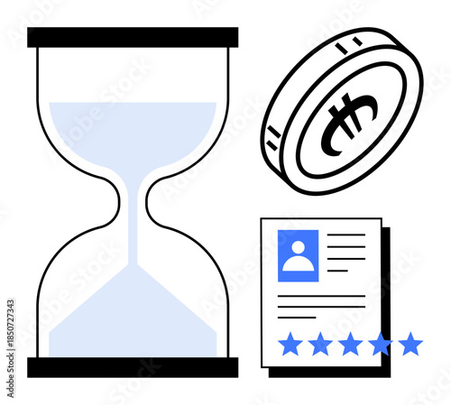 Hourglass with flowing sand, coin with currency symbol, and user profile document with ratings. Ideal for business, finance, time management, customer trust, digital identity, reviews and economics