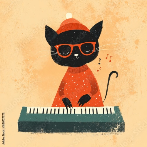A playful illustration of a cat wearing glasses and a hat, joyfully playing a keyboard with musical notes around.