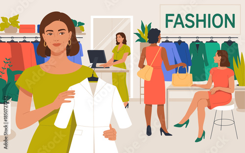 A stylish fashion boutique scene with customers browsing clothing and accessories, demonstrating the allure of fashion and personal expression within a vibrant retail space.
