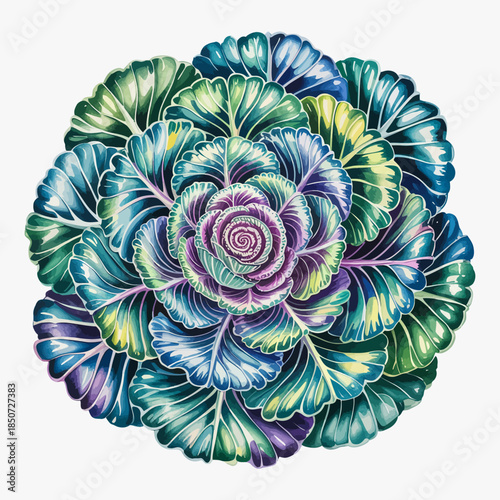 An intricate illustration of a beautiful cabbage rose, showcasing stunning colors and delicate leaf patterns, symbolizing nature's artistry and intricate design.