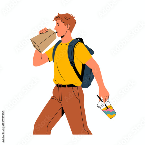 A casual young man with a backpack happily drinks from a paper bag and a cup while walking, symbolizing lifestyle, refreshment, and the joy of being active in everyday life.