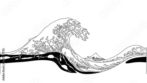 Famous japanese woodblock print wave illustration with mount fuji in the distance
