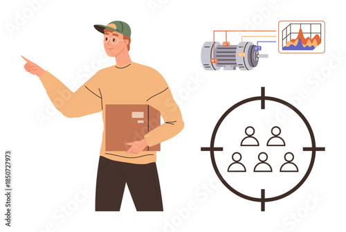 Man holding a folder, pointing at machine illustration with data charts, highlighting target audience within a scope. Ideal for engineering, data analysis, team focus, marketing strategy, process