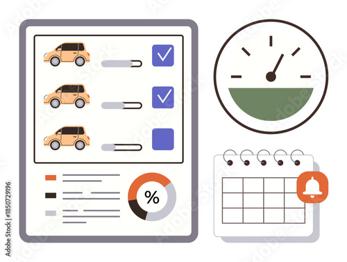 Vehicle list with checkmarks, speedometer, calendar with notification. Ideal for planning, productivity, monitoring, logistics, organization reminders tracking. Clear simple flat metaphor