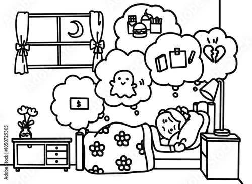 Insomnia and night overthinking coloring pages style.