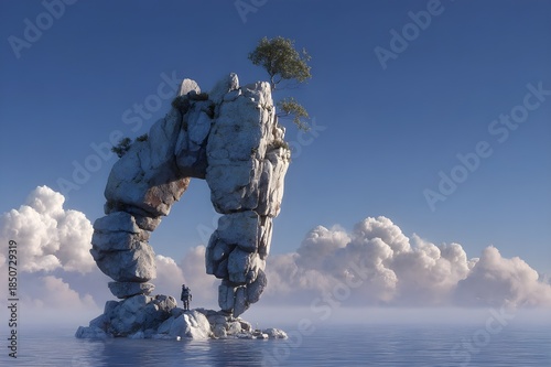 A creature of living stone standing on the single arched pillar, mythical and sculptural beauty