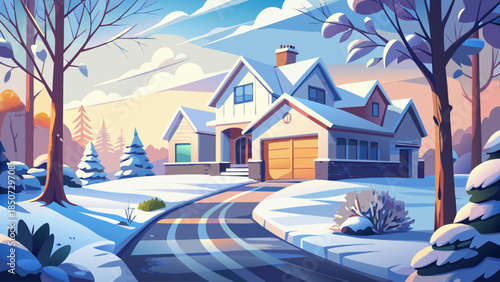 Snowy winter scene featuring a white residential house and an icy driveway, captured in soft natural light with fresh snow creating a calm and minimalist seasonal setting