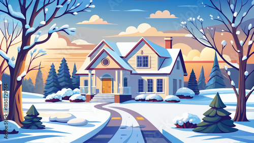 White house with a snow-covered driveway in a quiet winter landscape, surrounded by fresh snowfall and bare trees, creating a clean, peaceful, and cozy seasonal atmosphere