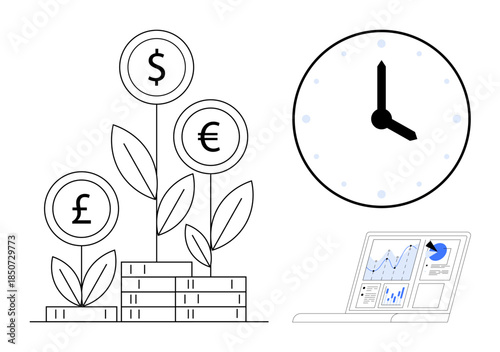 Business strategy, wealth management, data analytics, currency exchange, time management, sustainable investing. Plants growing from coins, clock and data screen. Business strategy and wealth