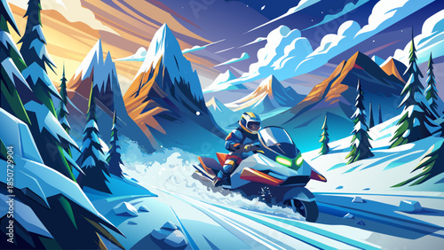 High-energy winter scene featuring a snowmobile cutting through deep snow, showcasing movement, power, and adventure in a dramatic icy environment