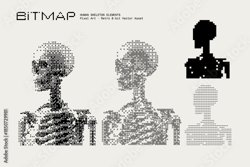 Abstract Human Skeleton Vector Illustration, Bitmap Dithering, Retro-Futuristic Pixel Art Texture, Monochrome Visual Elements