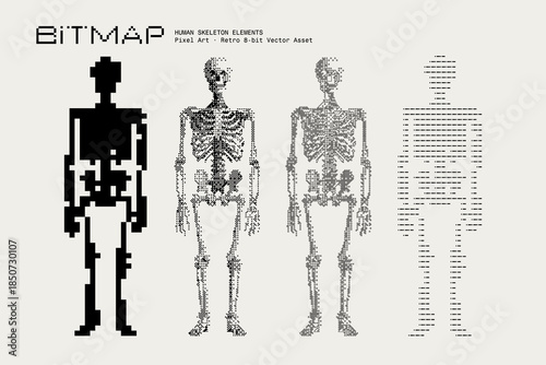 Abstract Human Skeleton Vector Illustration, Bitmap Dithering, Retro-Futuristic Pixel Art Texture, Monochrome Visual Elements