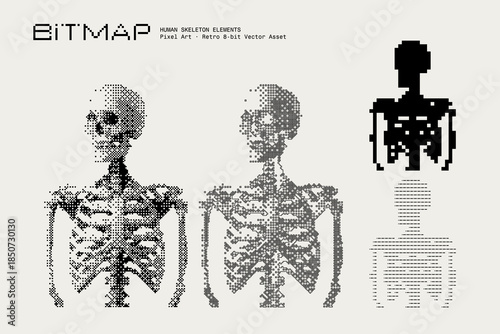 Abstract Human Skeleton Vector Illustration, Bitmap Dithering, Retro-Futuristic Pixel Art Texture, Monochrome Visual Elements