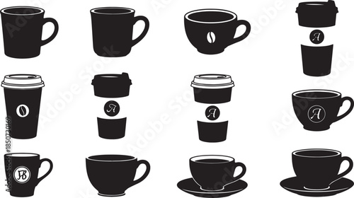 Assortment of black silhouette coffee cups and mugs including disposable to-go cups and ceramic mugs with various handle and lid also transparent background
