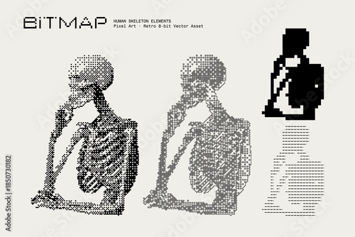 Abstract Human Skeleton Vector Illustration, Bitmap Dithering, Retro-Futuristic Pixel Art Texture, Monochrome Visual Elements