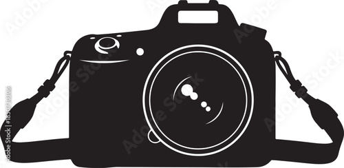Black silhouette of a modern DSLR camera with a lens and strap, symbolizing creativity, and capturing moments, isolated on a white background also transparent background