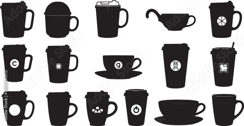Diverse array of black silhouette coffee cups and mugs with unique and showcasing beverage containers for cafes and personal use also transparent background
