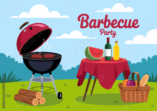 A vibrant barbecue scene filled with delicious food and drinks, inviting friends and family to gather, celebrate, and enjoy the beautiful outdoors during summer.