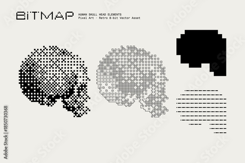 Abstract Human Skull Head Vector Illustration, Bitmap Dithering, Retro-Futuristic Pixel Art Texture, Monochrome Visual Elements