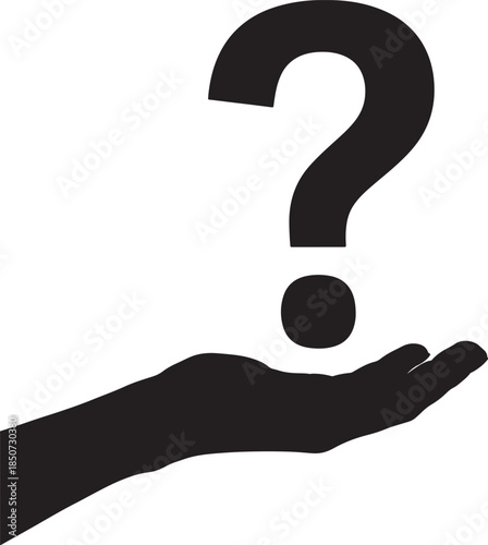 Silhouette of a human hand holding a large black question mark symbol against a stark white background representing inquiry and uncertainty also transparent background