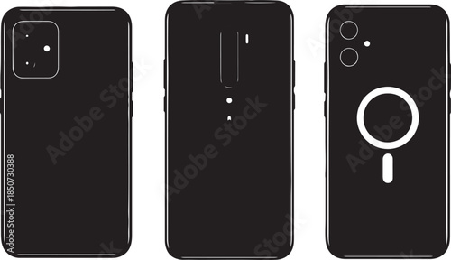 Silhouettes of modern smartphone backs showcasing camera modules and wireless charging indicators in a minimalist also transparent background