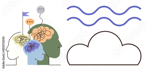 Human profiles with tangled thoughts, speech bubbles, and brainstorming, paired with a cloud and lines. Ideal for psychology, decision-making, stress relief, clarity, brainstorming mental health