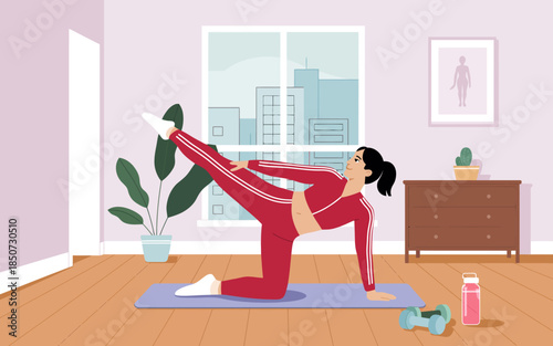 An engaging illustration of a woman exercising at home in sporty attire, representing health, fitness, and the importance of staying active in a comfortable environment.