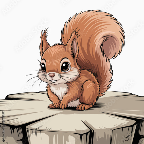 An adorable squirrel sits on a tree stump, looking curiously at the viewer with its fluffy tail raised, embodying the beauty and playfulness of wildlife captured in a charming illustration.