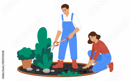 A cheerful scene depicting two individuals actively gardening, showcasing teamwork as they plant and tend to fresh, green plants in a vibrant garden setting.