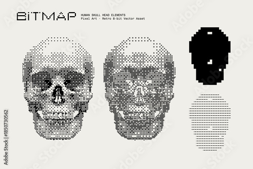 Abstract Human Skull Head Vector Illustration, Bitmap Dithering, Retro-Futuristic Pixel Art Texture, Monochrome Visual Elements