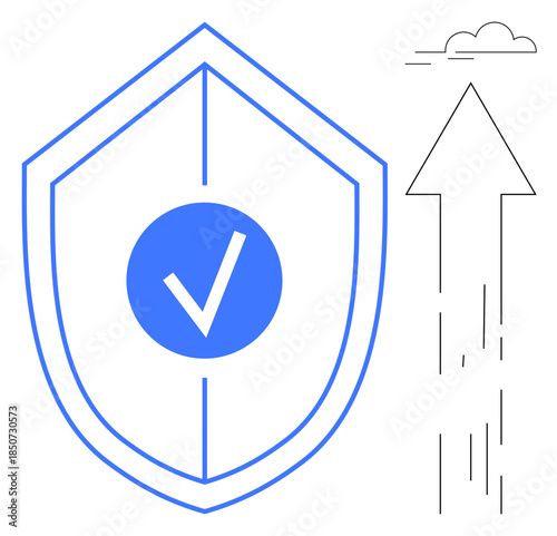 Data security, cloud safety, online protection, cybersecurity, data success, reliable solutions. Blue shield with checkmark and upward arrow near cloud. Data security and cloud safety concept