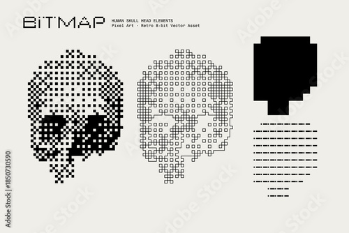 Abstract Human Skull Head Vector Illustration, Bitmap Dithering, Retro-Futuristic Pixel Art Texture, Monochrome Visual Elements