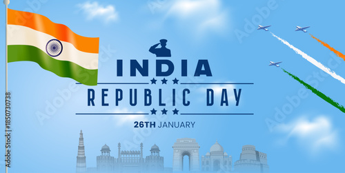 India Republic Day Sky Banner with Indian Flag, Fighter Jets and Indian Famous Landmarks Silhouette – 26 January