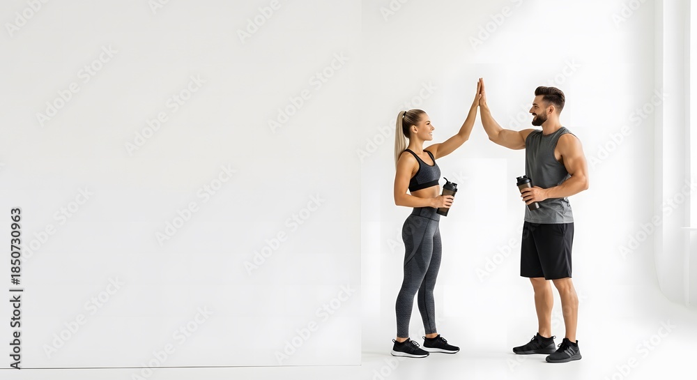 Fototapeta premium Happy athletic couple high-fiving after successful gym workout holding shaker bottles.