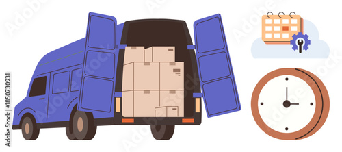 Delivery truck loaded with packages, clock indicating time management, and calendar with gear for planning. Ideal for logistics, supply chain, e-commerce, delivery services, transportation