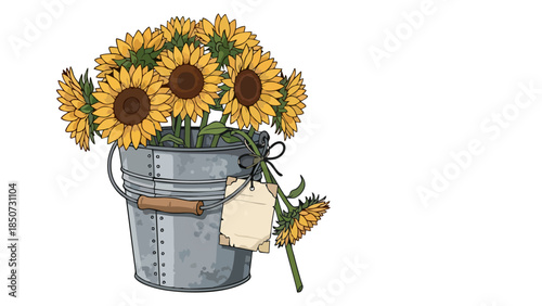 Charming Bouquet of Sunflowers in a Rustic Galvanized Bucket with Tag Hand Drawn Illustration